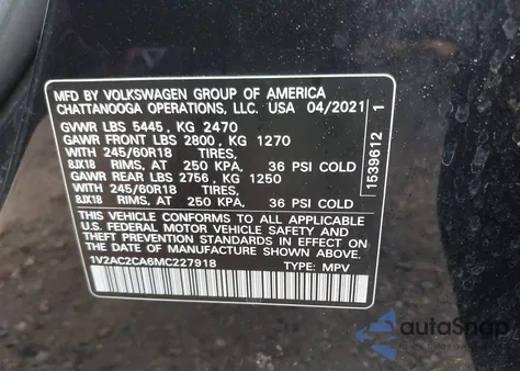 2021 Volkswagen Atlas Cross Sport 2.0T S z USA, uszkodzony, nr VIN 1V2AC2CA6MC227918